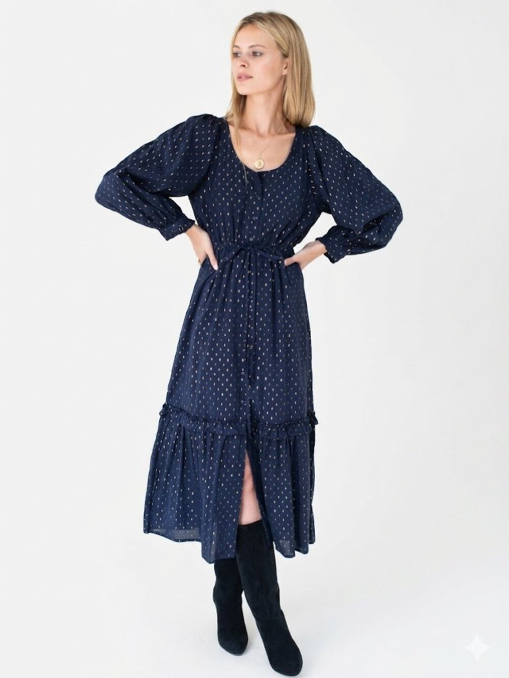 India Collection Emerson Fry Lucy Midi Dress XS Navy Gold Lurex Dot Boho